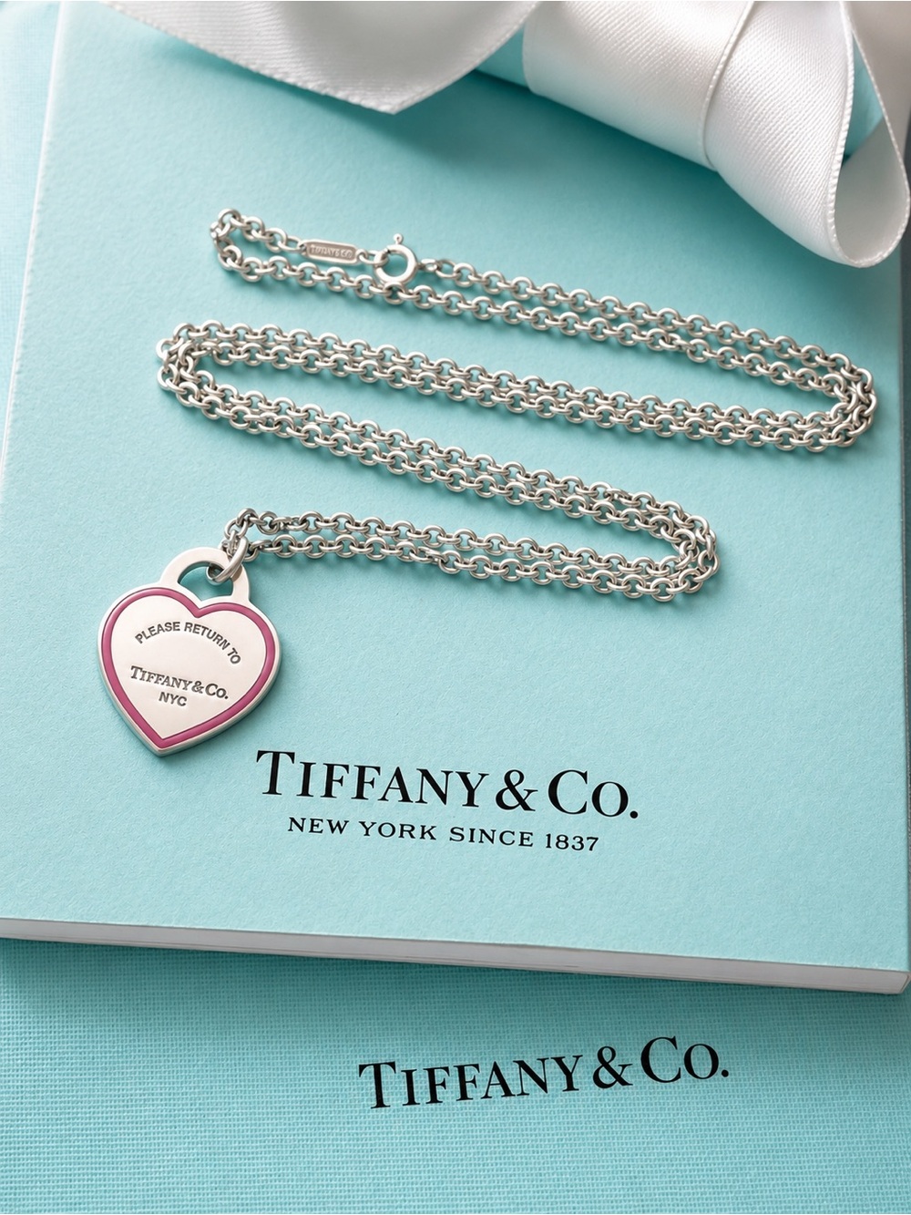 Auth Tiffany & Co Pink Border Heart Tag Pendant on Thick 24” Chain